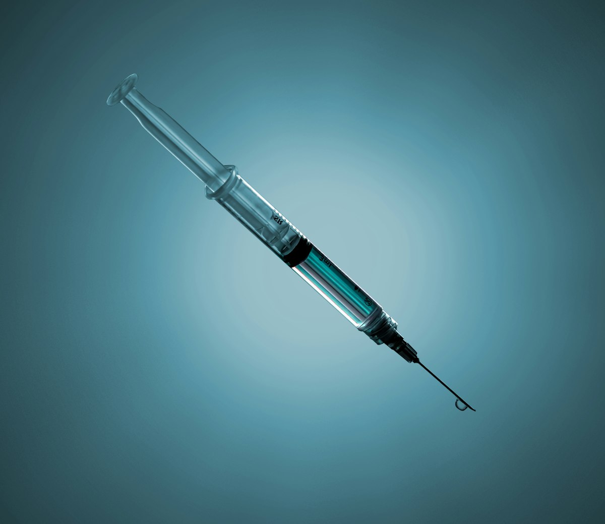 A clean clinical close-up of an unbranded syringe on a teal background, no identifiable people and no readable vaccine brand or product logo, for the piece on the observed association between the shingles vaccine and lower dementia risk