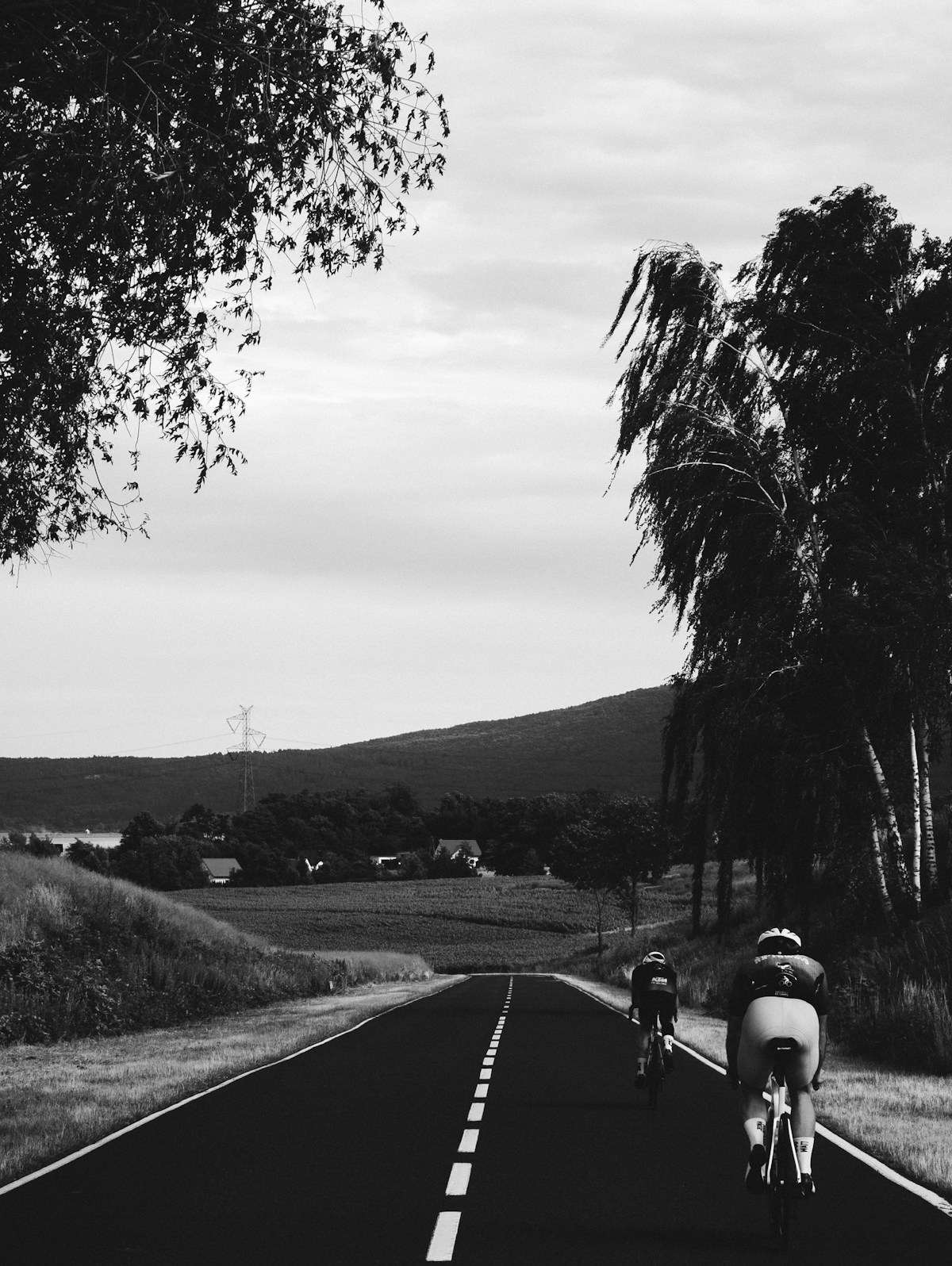 Two cyclists riding a hilly road together, no identifiable faces, for the piece testing the popular Zone 2 training claim against the actual trials