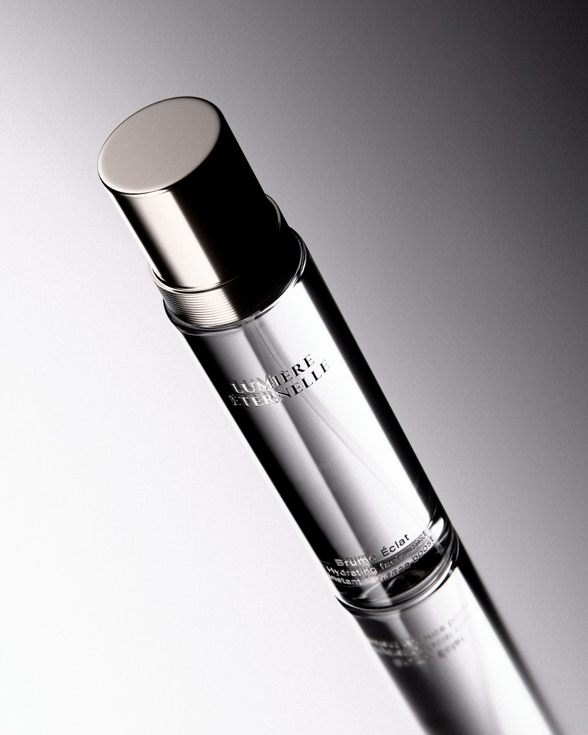 A plain, unbranded clear glass perfume bottle with a silver cap, no readable logo, for the piece on counterfeit cosmetics and the Walmart trademark lawsuit over a knockoff perfume