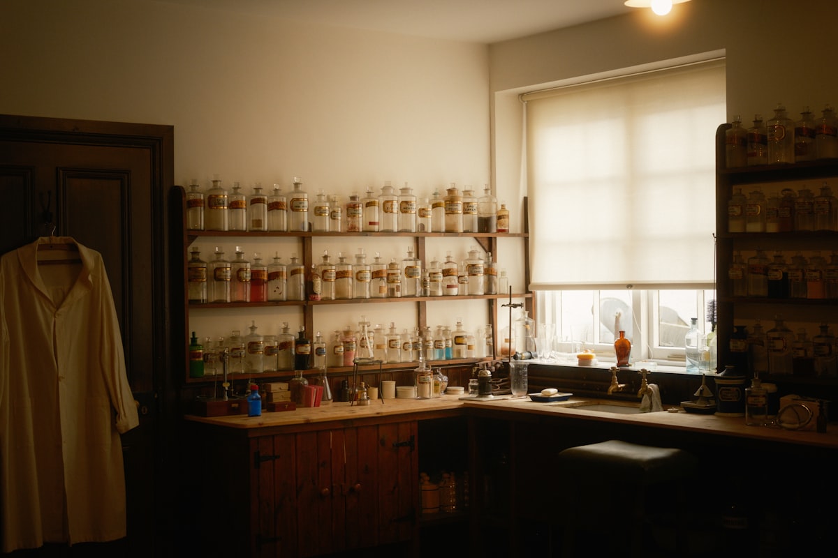Shelves of labeled apothecary jars in warm light with a hanging dispensary coat, no people and no readable modern brand or logo, for the piece on the ADHD stimulant supply shortage